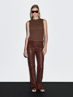 Massimo Dutti Топ из смесовой хлопковой ткани со сборками, коричневый