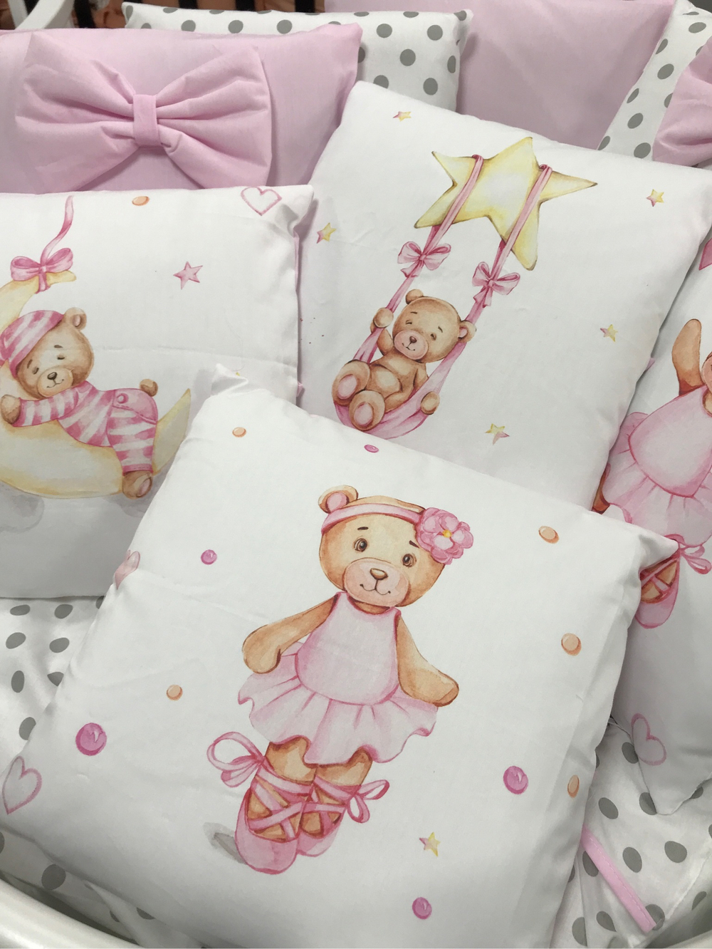 Комплект в кроватку 18 предметов "Мишка в платье розовый", сатин