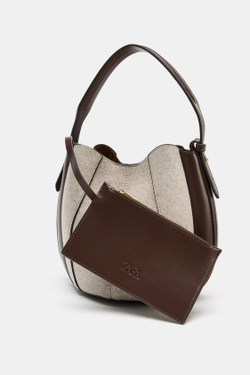 ZARA ТКАНЕВАЯ СУМКА-МЕШОК С ОТДЕЛКОЙ СТРОЧКОЙ, ЭКРЮ