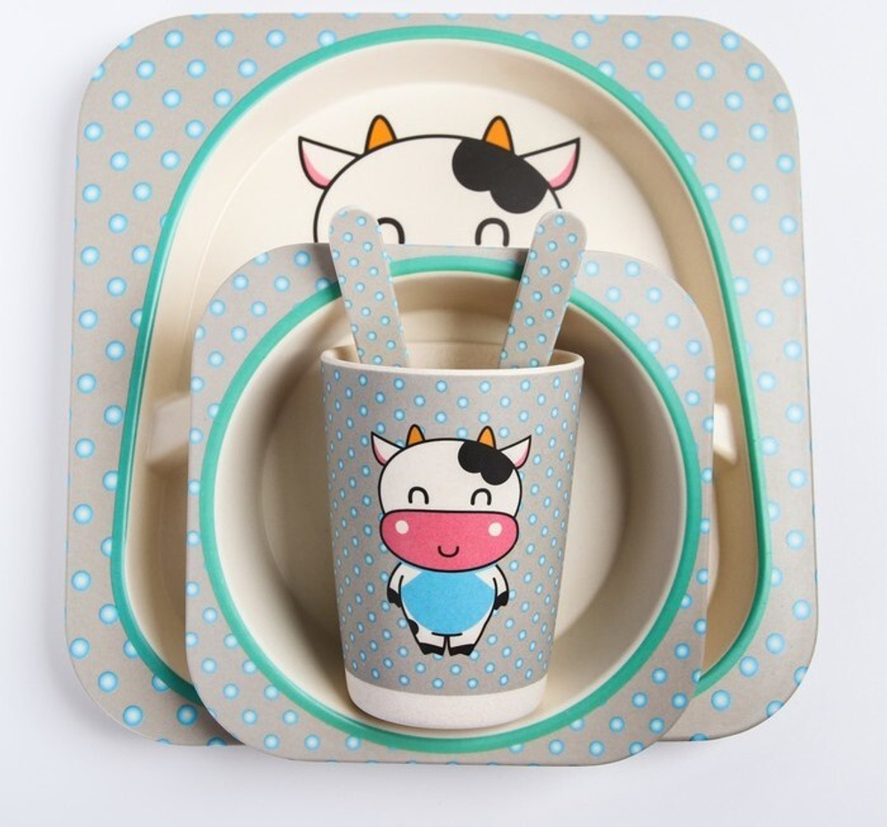 4611371 Набор бамбуковой посуды "Коровка", тарелка, миска, стакан, приборы, 5 предметов