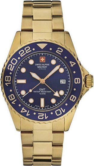 С браслетом Мужские наручные часы с золотистым браслетом Swiss Alpine Military 7052.1115 GMT diver 42mm 10ATM