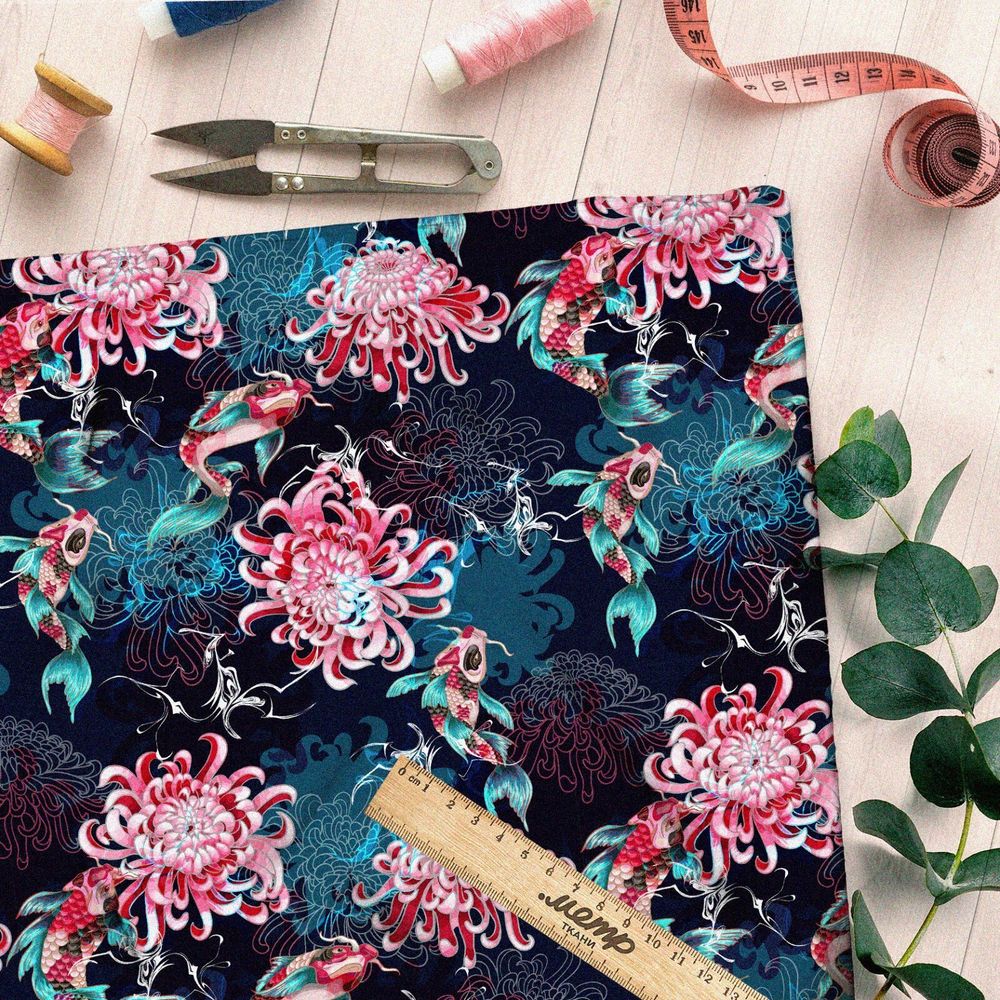 Ткань оксфорд 210 цветы и рыбы на воде