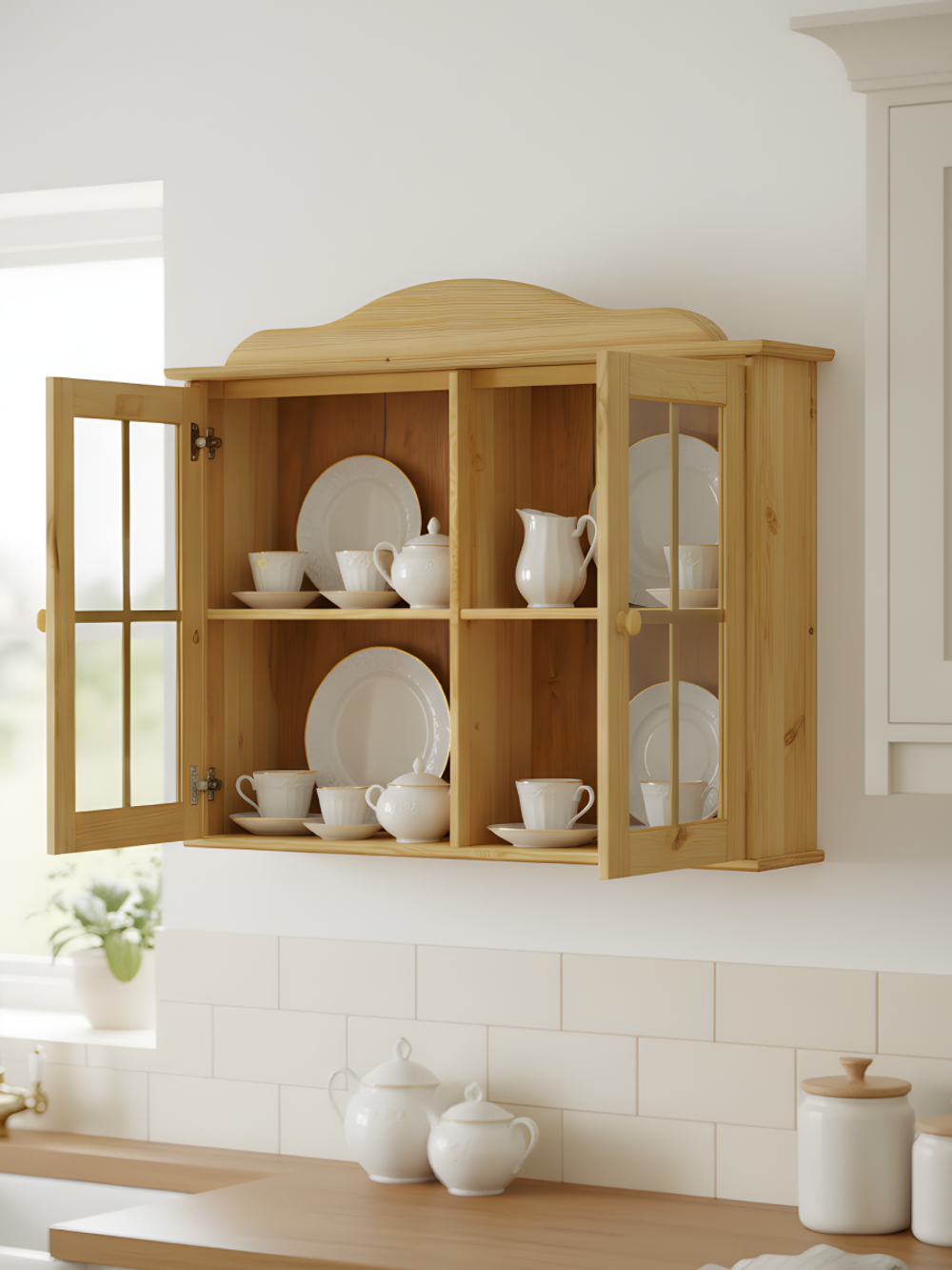 Шкаф навесной Бритта 2 двери 2 полки с карнизом из массива сосны для кухни и ванной, без отделки