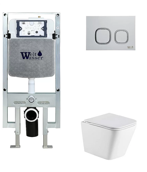 Унитаз подвесной WeltWasser AMBERG 497 ST + GELBACH 043 MT-WT + AMBERG RD-WT белый матовый, безободковый, с крышкой микролифт, слив-торнадо, с инсталляцией и белой кнопкой