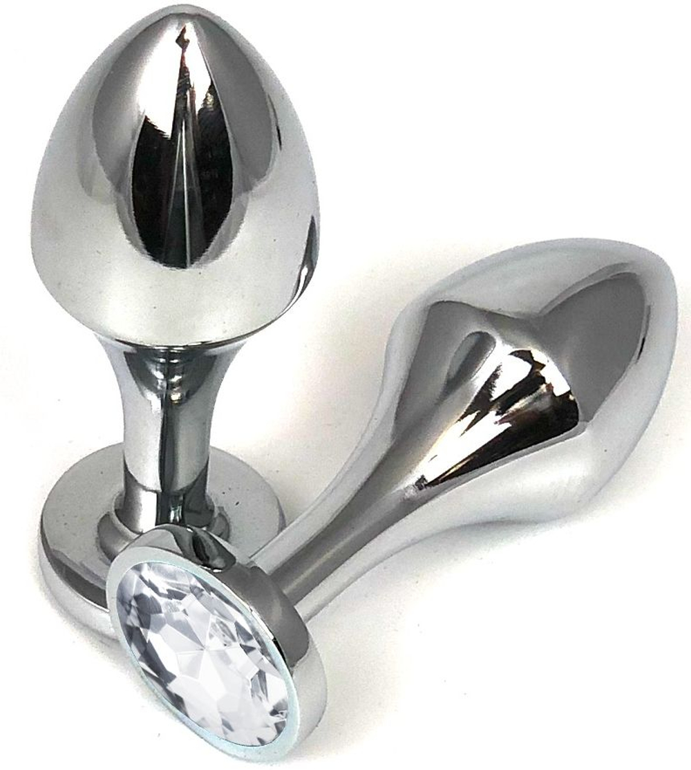 Серебристая анальная пробка на удлиненной ножке с прозрачным кристаллом - 9 см. (Цвет: прозрачный)