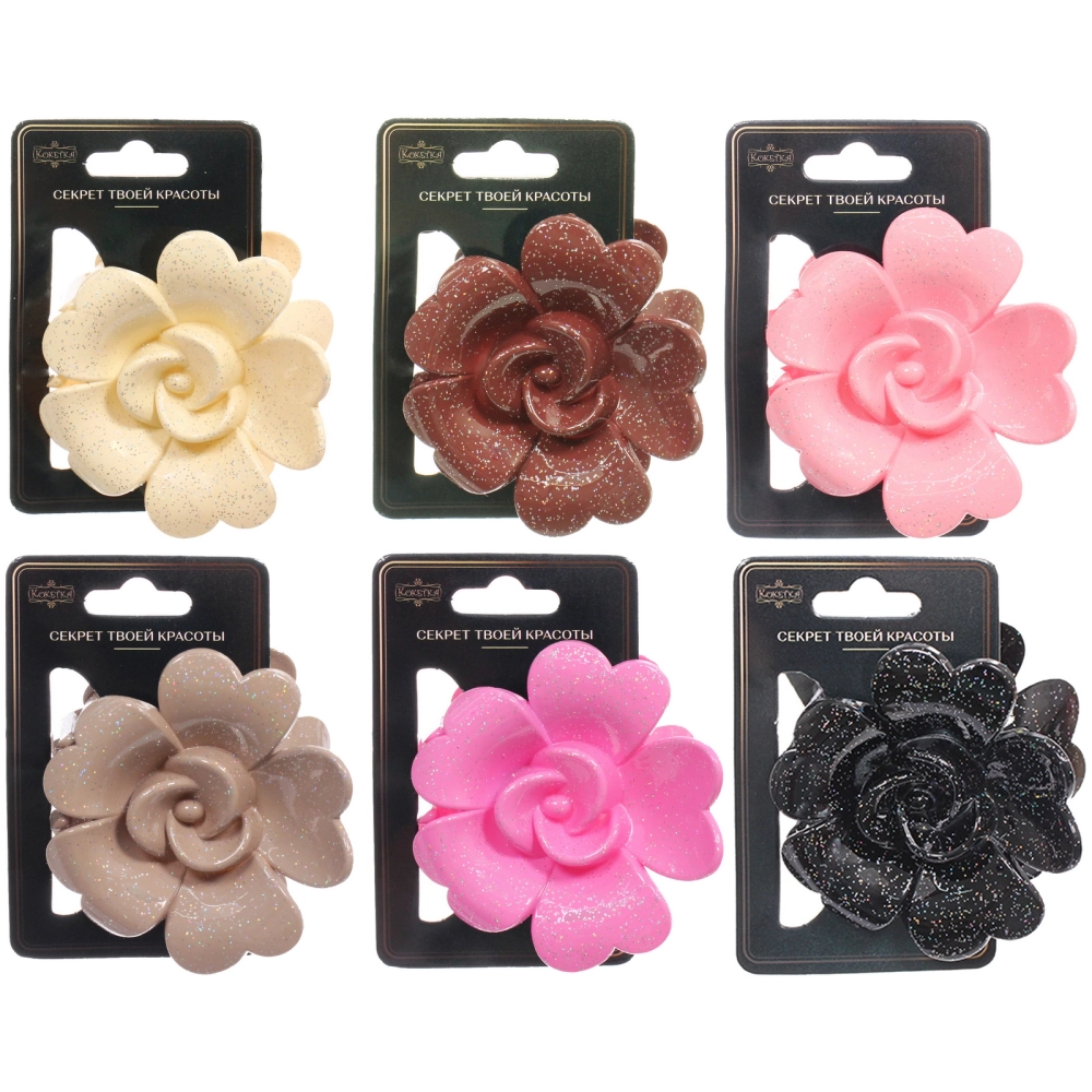 Заколка - краб для волос «AKS - SALVATORE», микс 6 цветов, роза, 7*7см