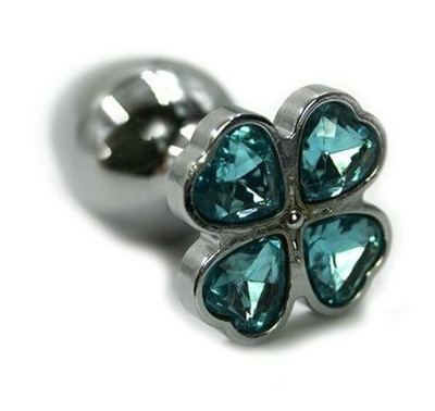 Серебристая анальная пробка с нежно-голубым цветком из кристаллов - 6 см.