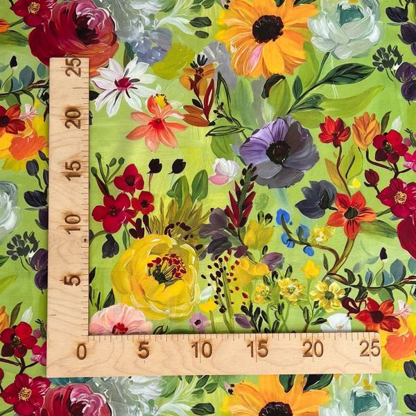 ЯРКИЕ АКВАРЕЛЬНЫЕ ЦВЕТЫ НА ЗЕЛЕНОМ - 100% ХЛОПОК 4