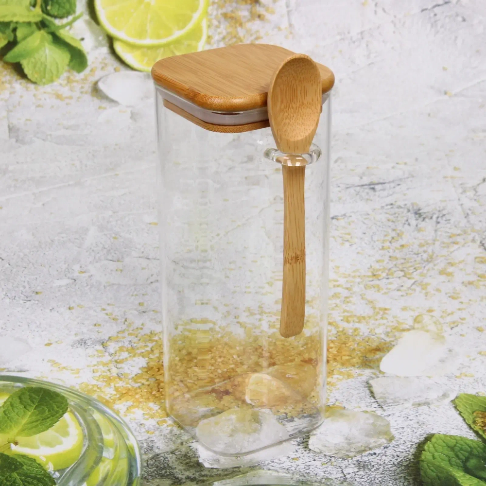 Банка для продуктов стеклянная 850мл «Хай-Тек» с бамбуковой крышкой и ложкой, квадратная 8*20см