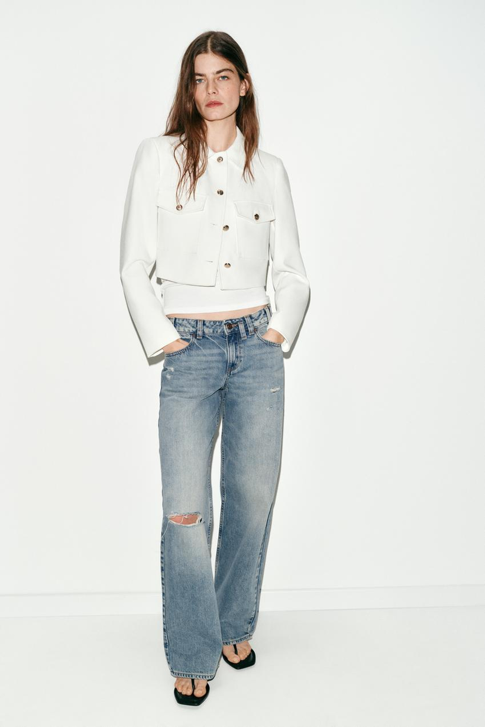 ZARA УКОРОЧЕННЫЙ БЛЕЙЗЕР С КАРМАНАМИ, ЭКРЮ