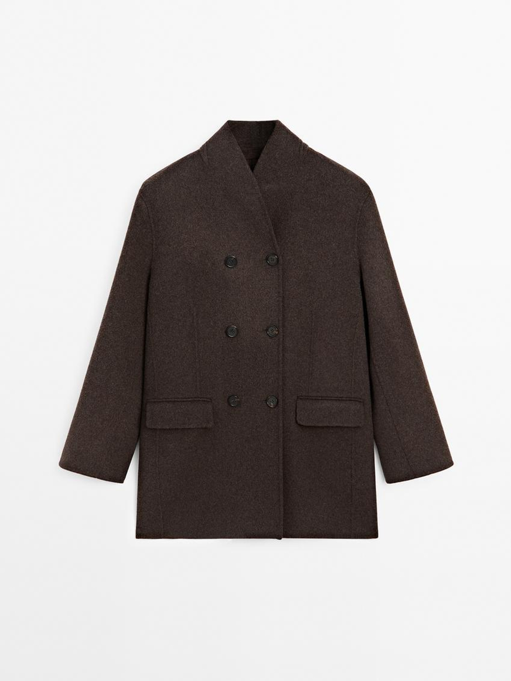 Massimo Dutti Пальто из смесовой шерсти с воротником в стиле смокинг, шоколадный