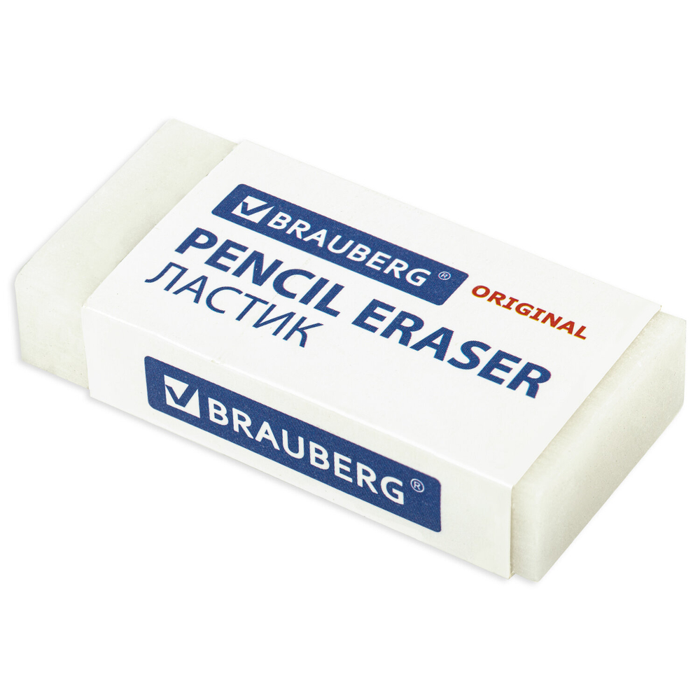 Ластик BRAUBERG "Original", 50х24х10 мм, белый, прямоугольный,экологичн.ПВХ, картон.держатель,228075