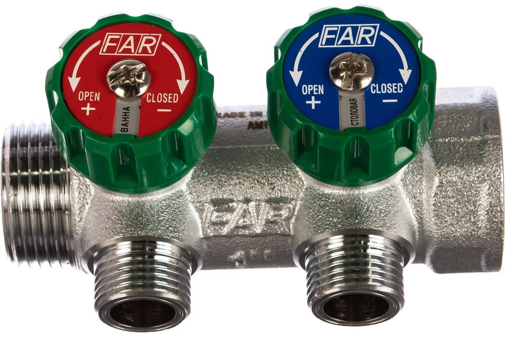 Регулирующий коллектор 1" (ВР-НР) с 2 отв. 1/2" НР (межосев. 45 мм)