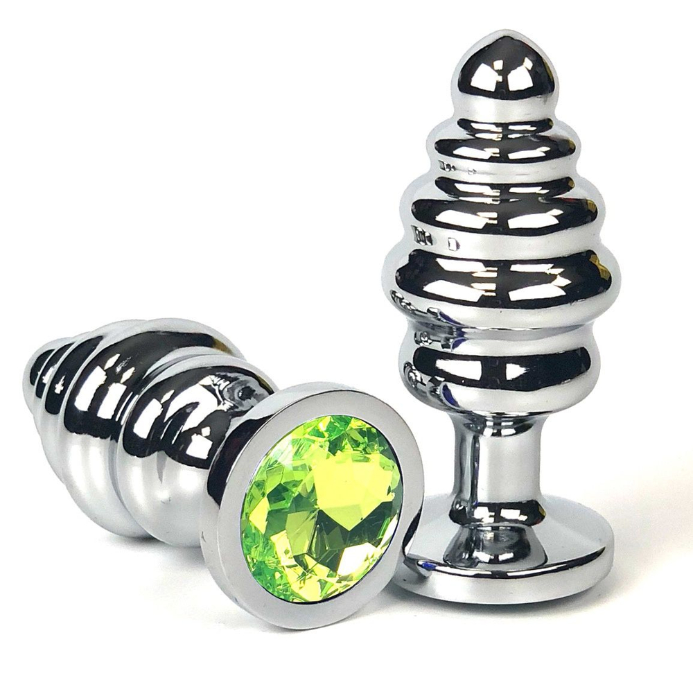 Серебристая ребристая анальная пробка с лаймовым кристаллом - 7 см. (Цвет: лаймовый)