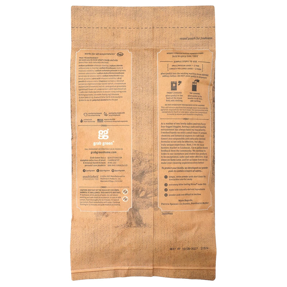 Grab Green, Stoneworks, капсулы со стиральным порошком, дуб, 50 стирок, 1,65 ф. (750 г)