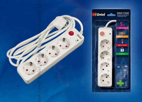 S-GSP4-5E Фильтр сетевой Uniel серии «Energy», с/з, 4 гн., шнур 5 м, защита от перенапряжения, фильтр помех, термопредохранитель