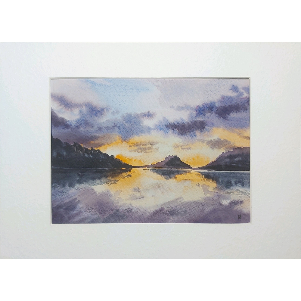 Картина акварельная авторская в паспарту 21х30 см на стену для интерьера "Закат над"