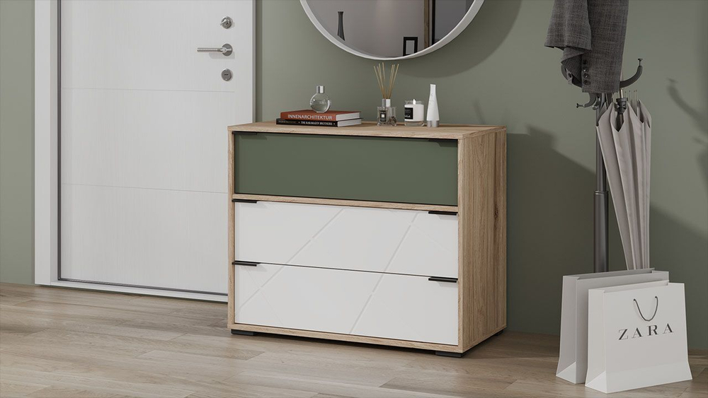 Комод для одежды с ящиками Гикори джексон/Белый матовый/Дымчатый зеленый 3 ящика 90х45х75 см