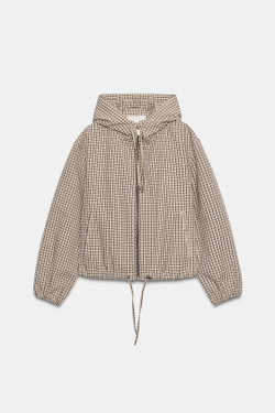 ZARA КУРТКА В КЛЕТКУ С КАПЮШОНОМ, ЖЕЛТОВАТО-БЕЛЫЙ
