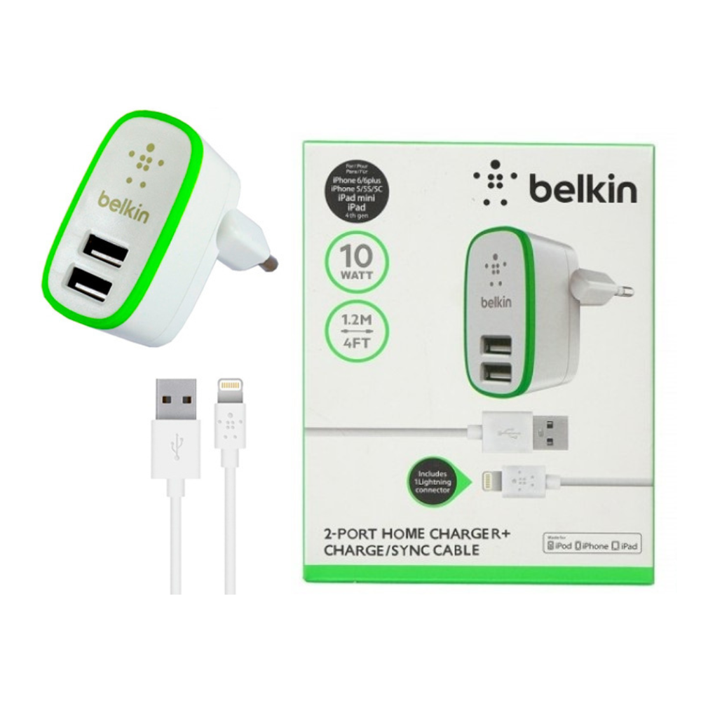 Сетевое зарядное устройство Belkin 2xUSB, 2.1А, быстрая зарядка + USB кабель Lightning, 1.2м, белый