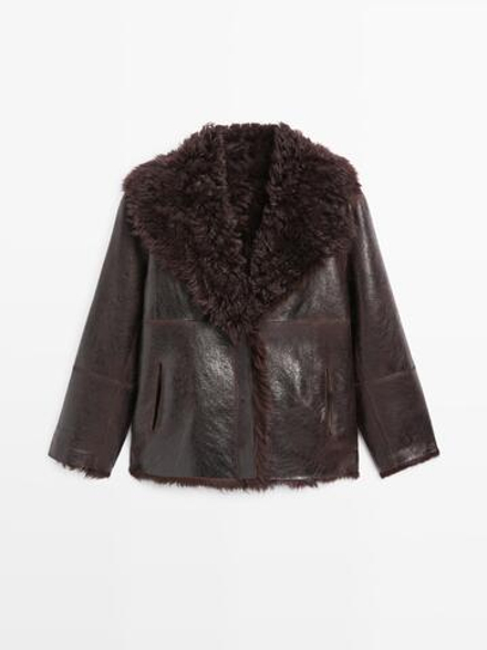 Massimo Dutti Короткая шуба из овечьей кожи с воротником с лацканами - STUDIO, коричневый