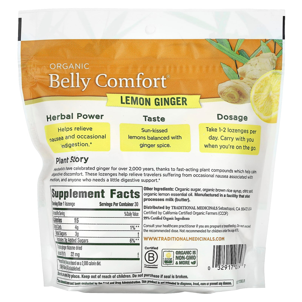 Traditional Medicinals, Organic Belly Comfort, лимон и имбирь, 30 леденцов в индивидуальной упаковке