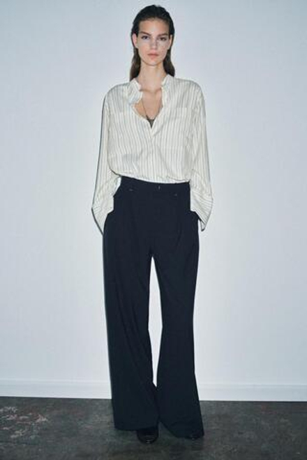 ZARA РУБАШКА В ПОЛОСКУ С ВОРОТНИКОМ-СТОЙКОЙ — ZW COLLECTION, СИНИЙ/БЕЛЫЙ