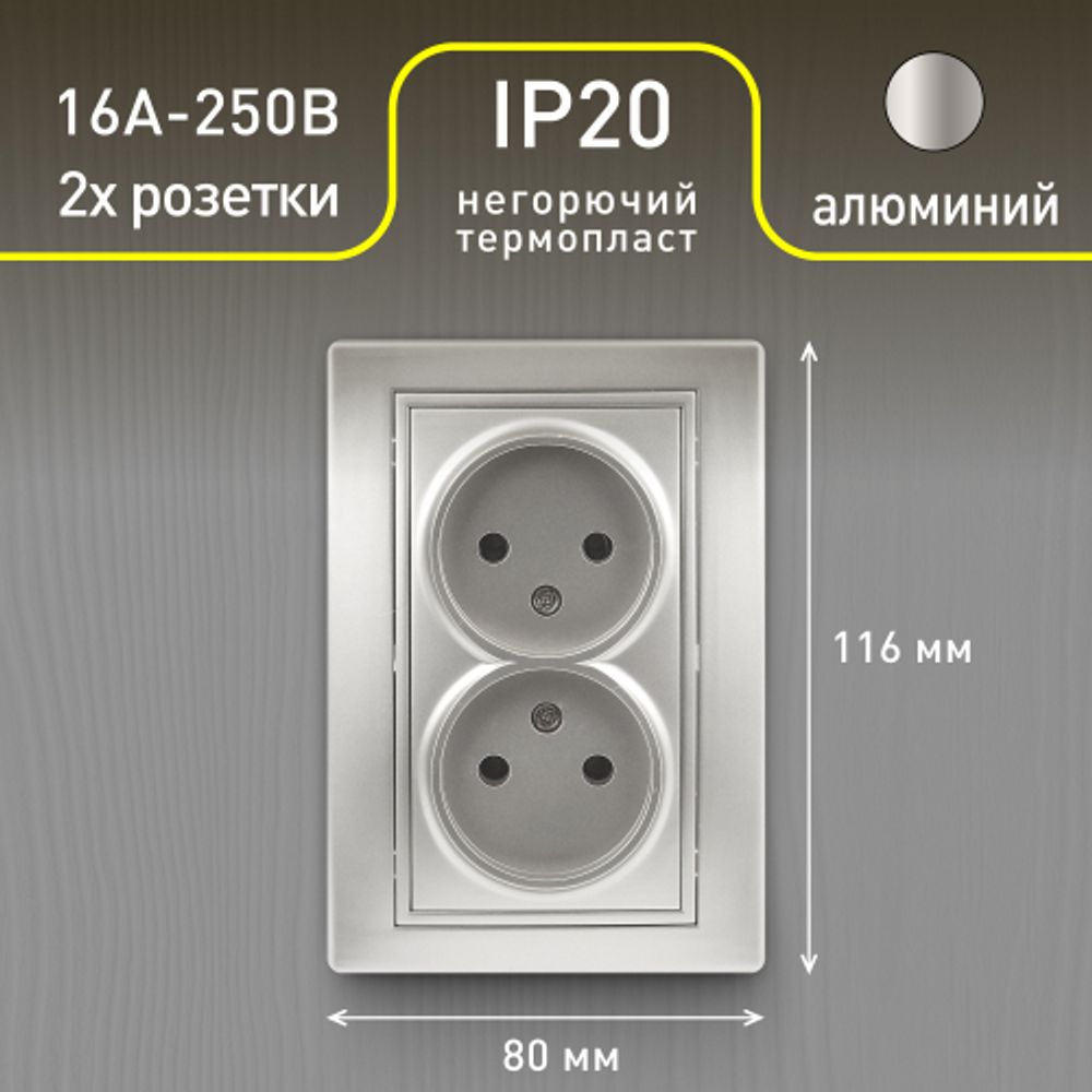 Розетка Intro Plano 1-204-03 без заземления двойная 2х2P, 16А-250В, IP20, СУ, алюминий