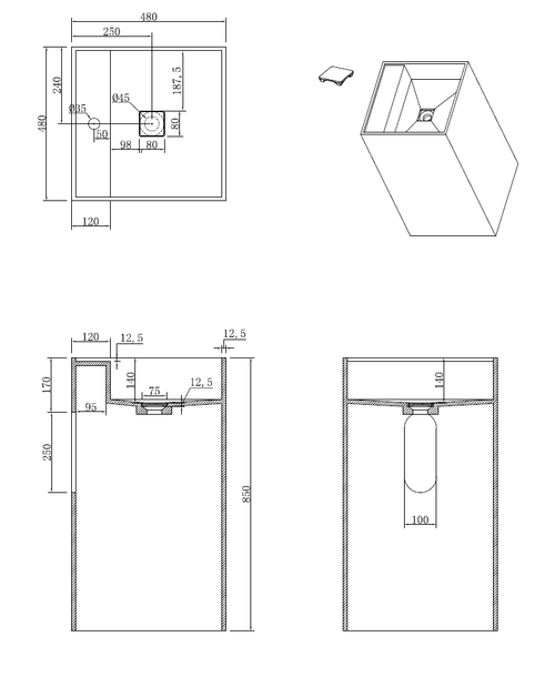 Раковина напольная Cube Corian 480*480*850 Calacatta