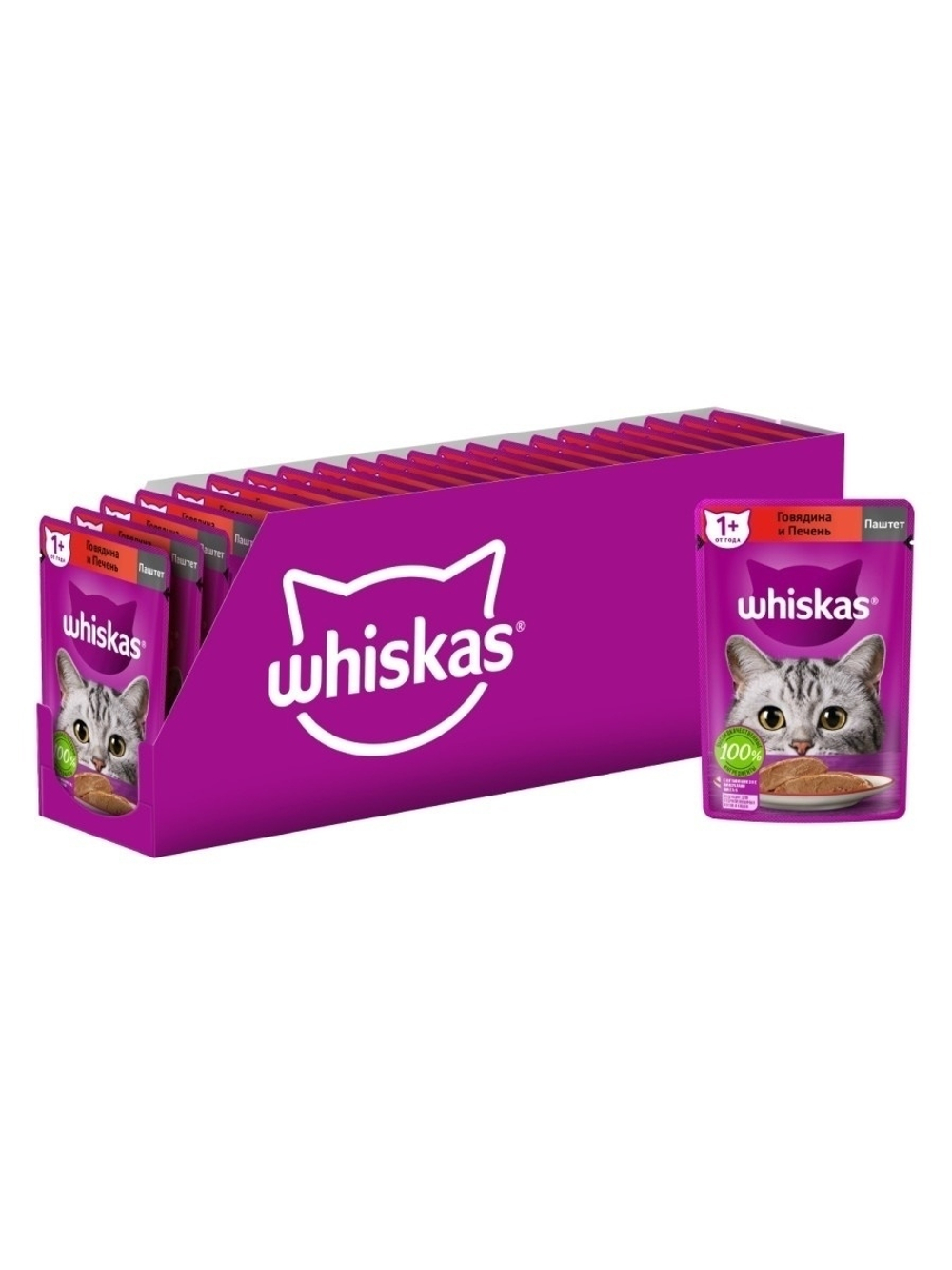 Влажный корм Whiskas для взрослых кошек, паштет с говядиной и печенью, 28 шт x 75 г