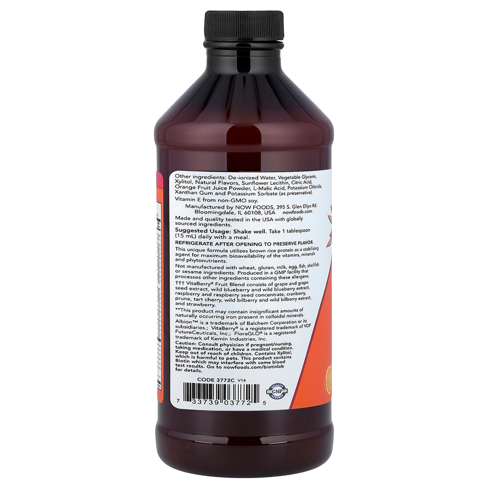 NOW Foods, жидкая мультивитаминная добавка с ксилитолом, без железа, тропический апельсин, 473 мл (16 жидк. унций)