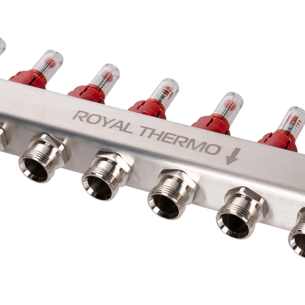 Коллектор Royal Thermo нерж. в сборе с расходомерами 1quot; ВР-3/4quot; НР с автомат. воздухоотвод-ми 6 вых.