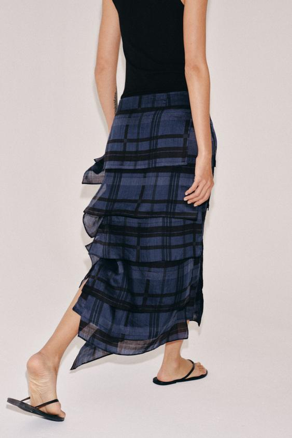 ZARA ЮБКА МИДИ В КЛЕТКУ ИЗ РАМИ — ZW COLLECTION, ГОЛУБОЙ