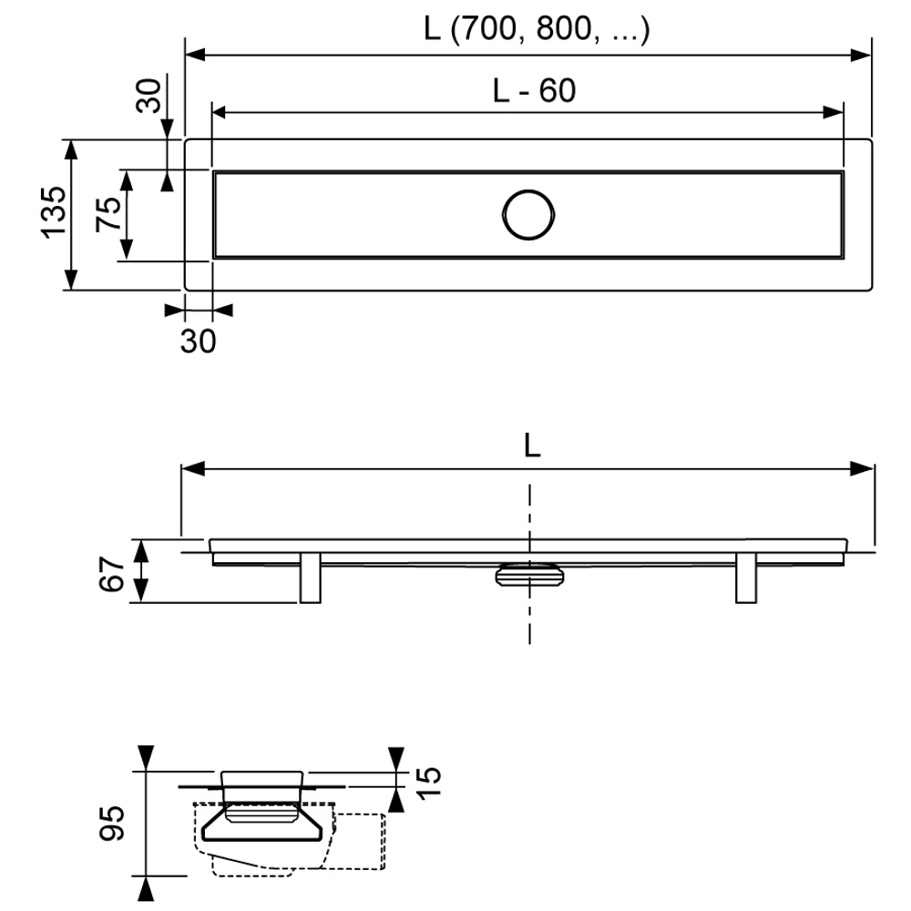 Комплект TECElinus для монтажа дренажного канала 2 в 1, с основой для плитки “tile” и матовой решеткой “steel”, 80 см