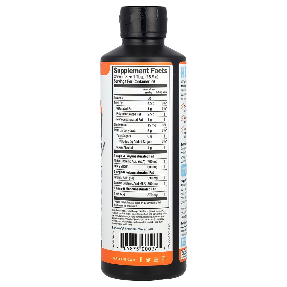 Barlean's, Total Omega®, омега 3-6-9, апельсиновый крем, 2400 мг, 454 г (16 унций)