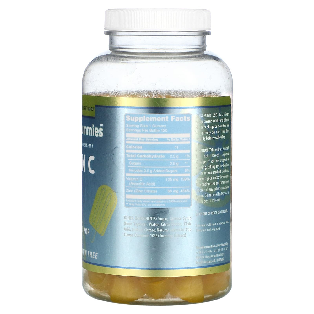 Amazing Nutrition, Amazing Gummies, витамин C и цинк, со вкусом лимонного мороженого, 120 жевательных таблеток