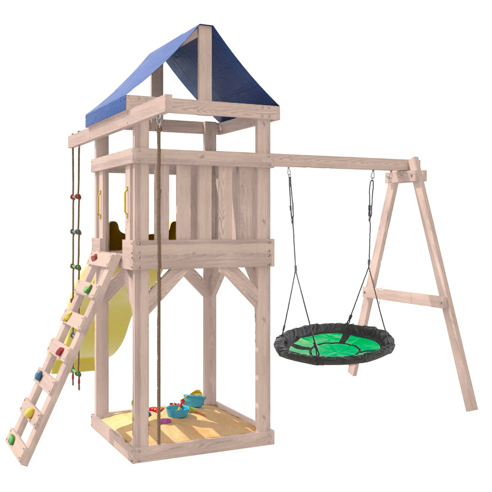 Детская площадка неокрашенная с качелями гнездо Свиби в зеленом цвете IgroWoods для улицы и дачи