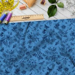 Ткань шифон наброски синих цветов на голубом фоне