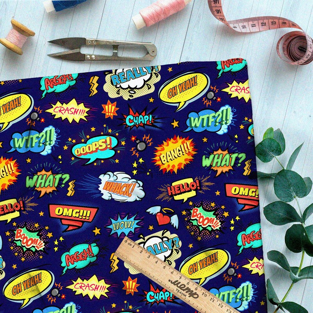 Ткань мембрана мелкие звуки из комиксов на тёмно-синем фоне