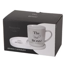 Кружка с блюдцем "THE REAL BOSS" v=380мл (фарфор) (подарочная упаковка)