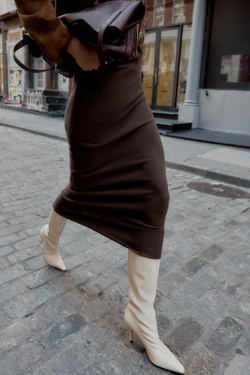 ZARA ТРИКОТАЖНАЯ ЮБКА-МИДИ С РАЗРЕЗОМ, ТЕМНО-КОРИЧНЕВЫЙ