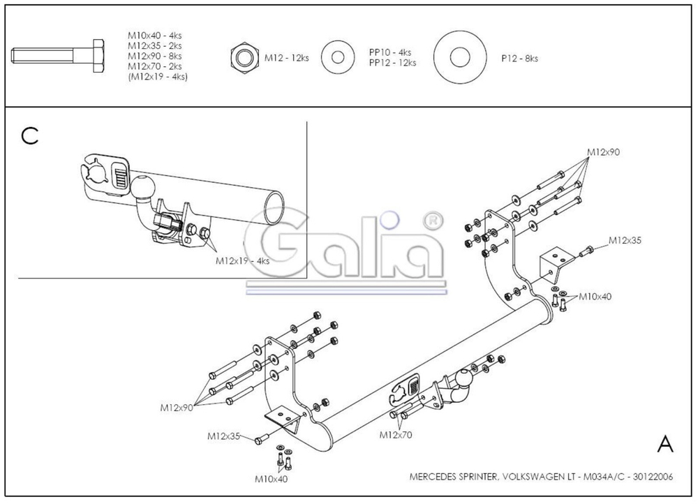Фаркоп оцинкованный Galia M034C для Mercedes Sprinter Classic 2013-, Mercedes Sprinter 1995-2006, Volkswagen LT 1995-2006(паспорт и сертификат в комплекте)(без электрики)