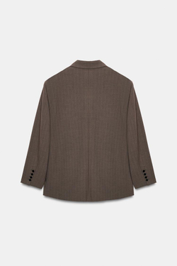 ZARA БЛЕЙЗЕР OVERSIZE В ПОЛОСКУ ИЗ ДВОЙНОЙ ТКАНИ, КОРИЧНЕВЫЙ/ЭКРЮ