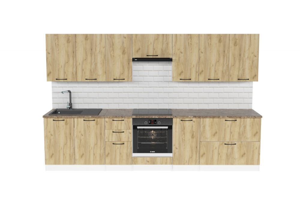 Кухонный гарнитур Янтарь 3000 мм (Дуб золотой/Белый, Аламбра темная)