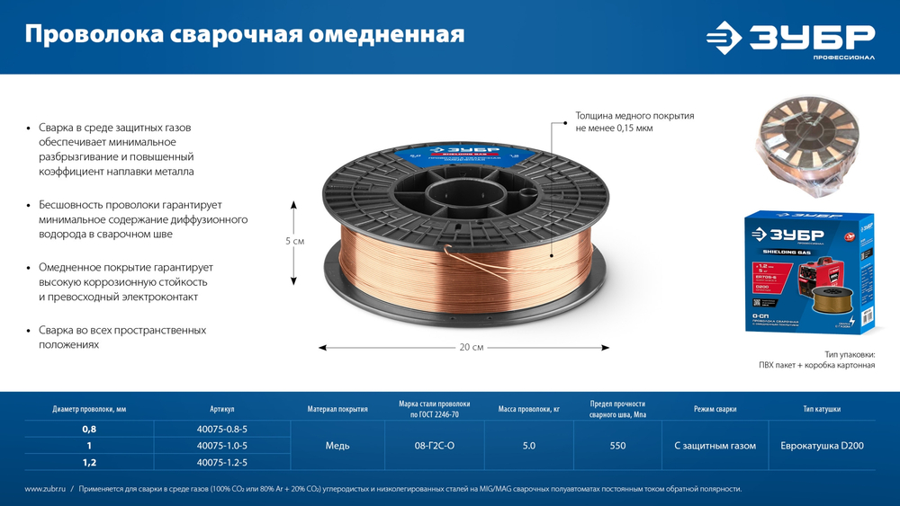 ЗУБР О-СП, d 1.0 мм, 5 кг, омеднённая сварочная проволока, тип ER70S-6 (аналог Св-08Г2С-О), Профессионал (40075-1.0-5)