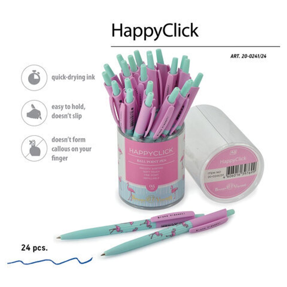 Ручка шариковая автоматическая BRUNO VISCONTI "HappyClick", СИНЯЯ, Фламинго, узел 0,5 мм, линия письма 0,3 мм, 20-0241/24