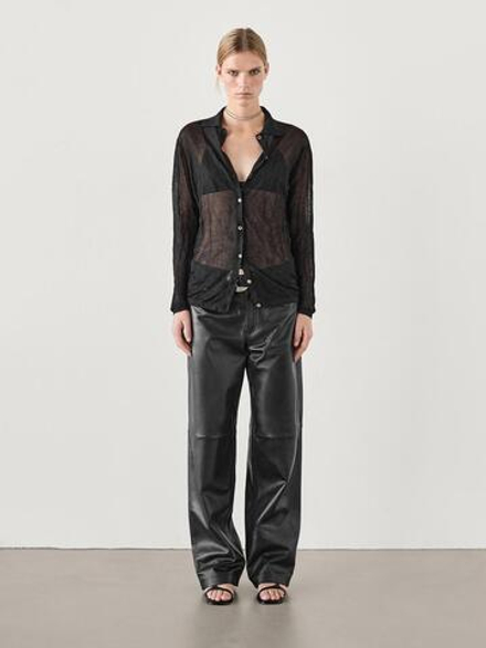 Massimo Dutti Кардиган из жатой ткани с воротником поло, черный
