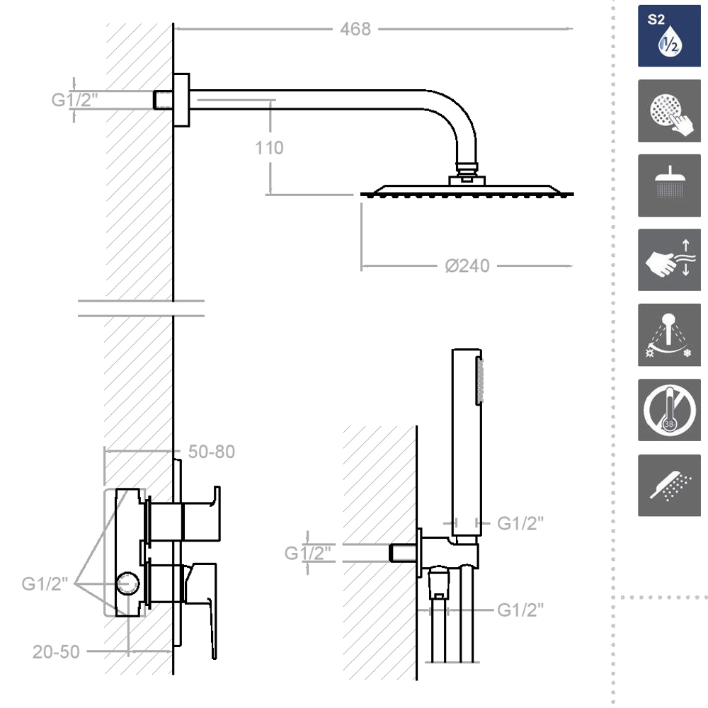 Встраиваемый смеситель для душа с тропическим и ручным душем TITANIUM K1815021