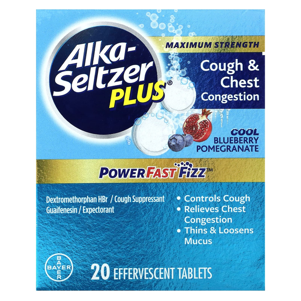 Alka-Seltzer Plus, Maximum Strength, от кашля и заложенности груди, классная черника и гранат, 20 шипучих таблеток
