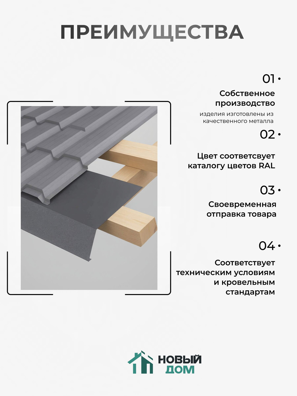 Конек кровельный, плоский 100*100*2000мм, Комплект 5шт, RAL9003, 0,45мм